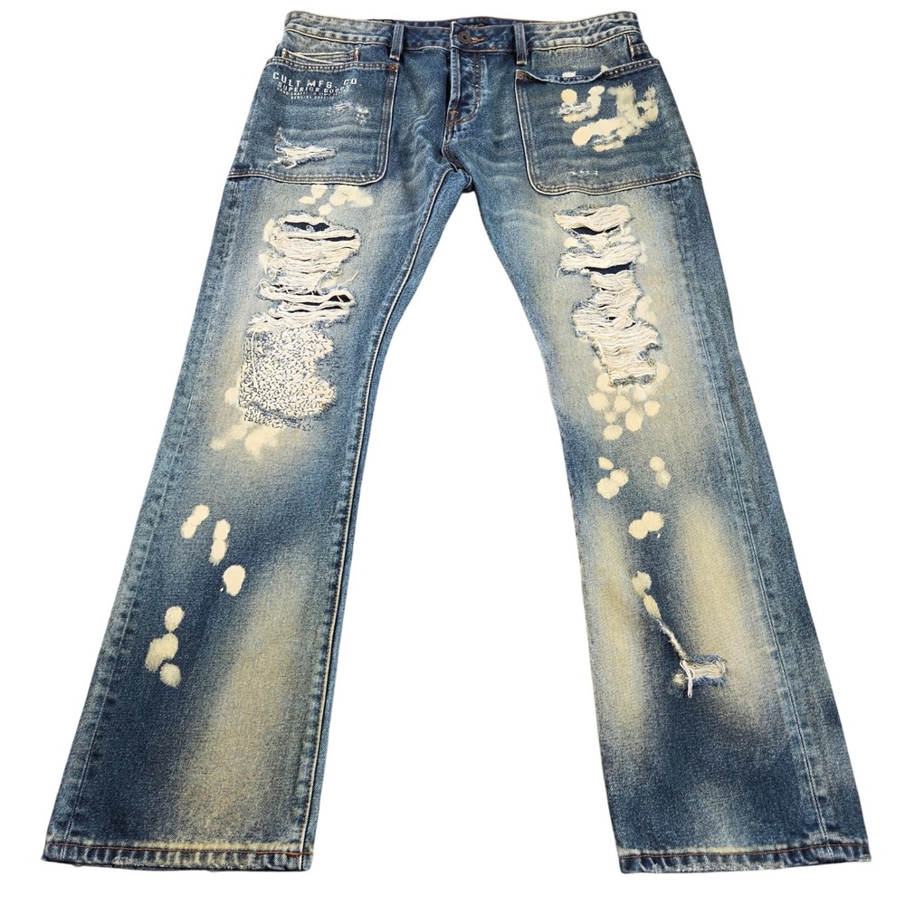 Cult of Individuality Rebel Naval Dungaree Jeans Mens 40x34 Blue Distressed